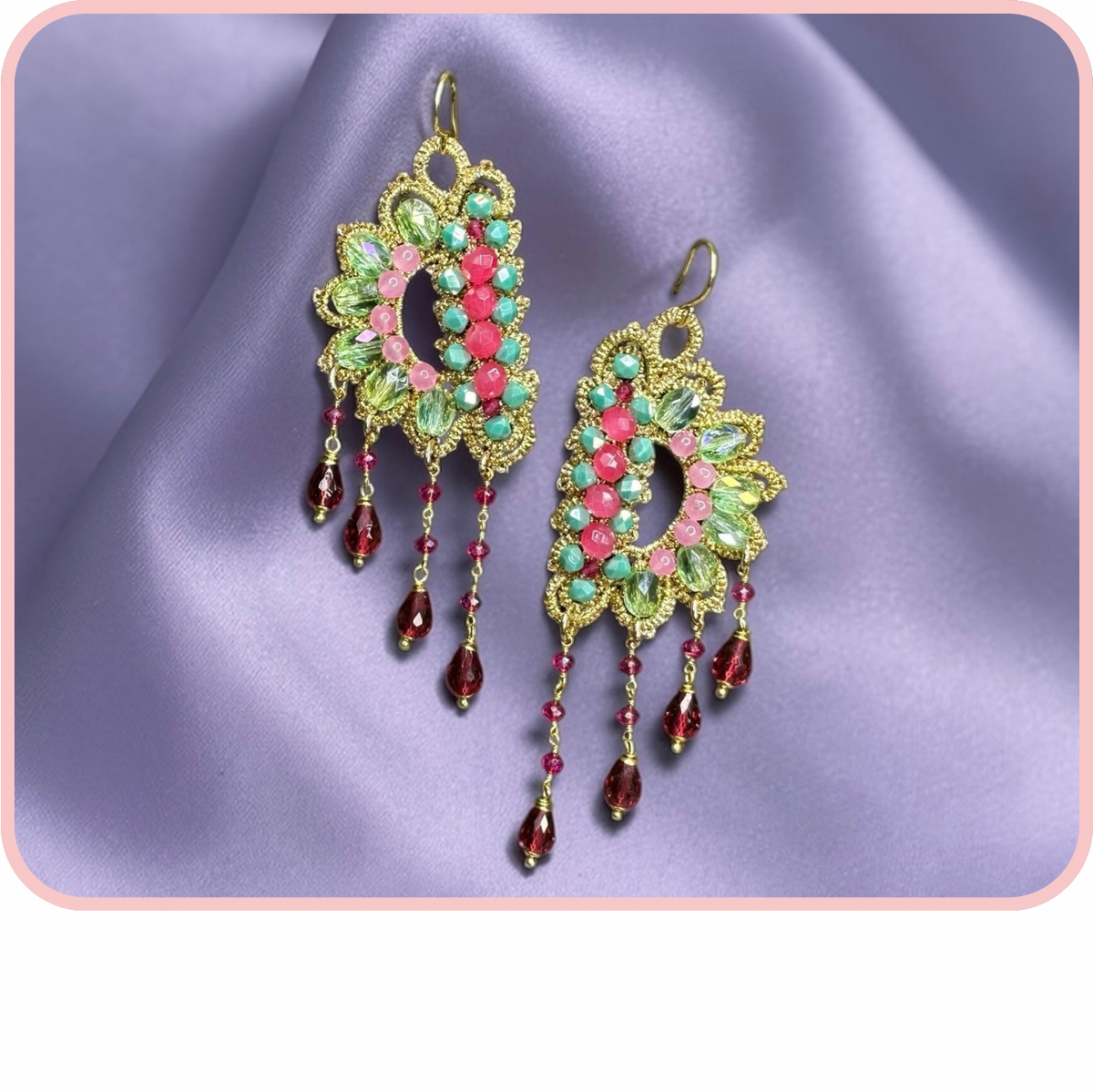Orecchini - Spring New Collection featuring colorful beaded earrings with elegant design on soft fabric background.