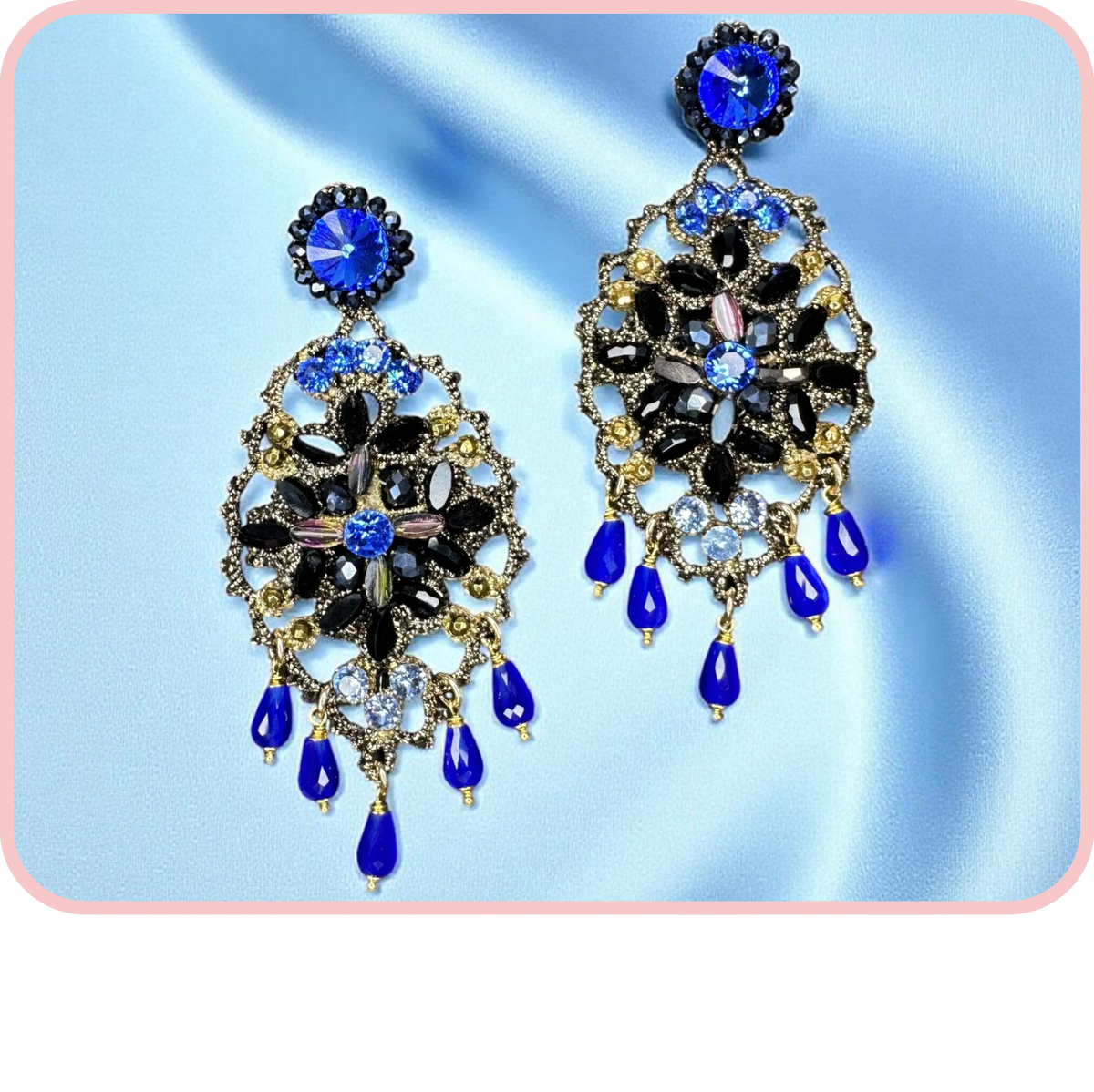Orecchini - New Collection featuring elegant blue and gold chandelier earrings with intricate designs.
