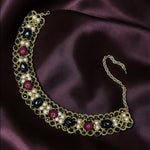 Collier Madame in golden lace with crystals, onyx, and zirconia, adjustable size, Made in Italy.