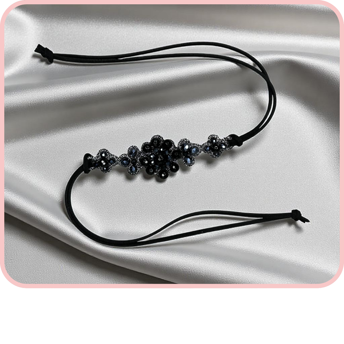 Bracciali - New Collection: elegant black beaded bracelet on soft satin fabric.