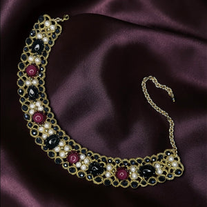 Collier Madame in golden lace with crystals, onyx, and zirconia, adjustable size, Made in Italy.