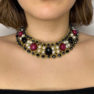 Collier Madame con perle, cristalli e onice, collana elegante realizzata a mano, Made in Italy.
